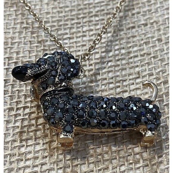 BETSEY JOHNSON Dachshund Necklace Colorful Black Crystals Dog Lovers - Picture 5 of 11